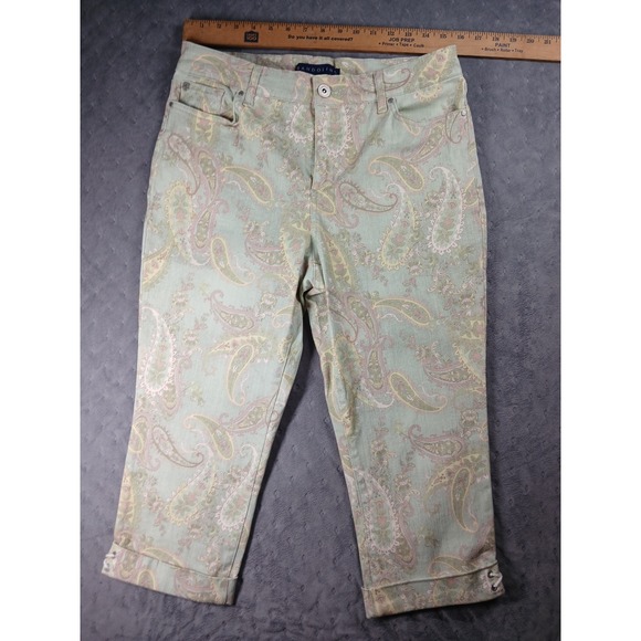 Bandolino Pants - Bandolino Mandie Capri Pants Womens 10 Sage Green Paisley Lace Up Cuff Cropped
